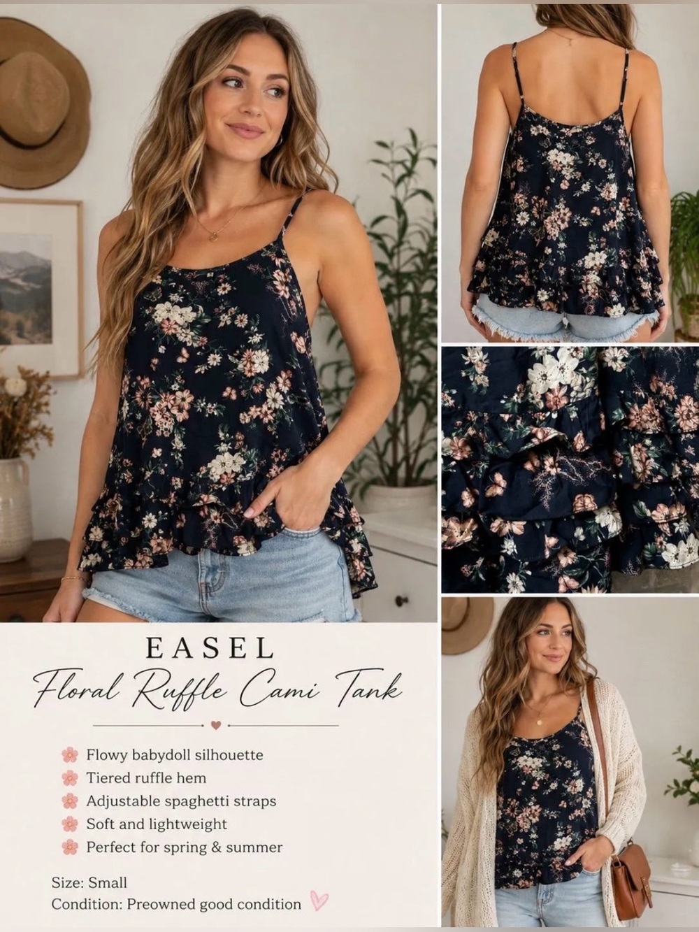Easel‎ Floral Ruffle Cami Tank Small Boho Babydoll Navy Floral Sleeveless Top